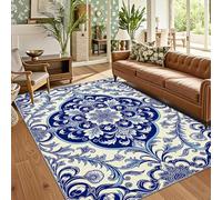 buyluhn Tapis Salon 120x120 cm Mandala Bleu Riz - Lavable en Machine - Descente de Lit Style Baroque pour Chambre - Décoration Tendance Adulte Ado - Moquette Confortable pour Sol QO-7