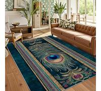 buyluhn Tapis Salon 120x120 cm Plume de Paon - Lavable en Machine - Descente de Lit Turquoise Orientale pour Chambre - Décoration Tendance Adulte Ado - Moquette Confortable pour Sol QO-12