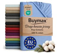 Buymax - Drap-Housse Enfant 60x120 cm - 100% Coton - Bleu Clair | Jersey doux et respirant, certifié OEKO-TEX, pour lit d’enfant, bonnet 15 cm et élastique intégral pour un maintien fiable.