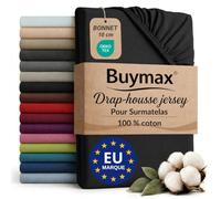 Buymax - Drap-Housse Surmatelas 180x200 cm - 100% Coton - Noir | Jersey doux et respirant, certifié OEKO-TEX, bonnet jusqu’à 10 cm, idéal pour surmatelas et maintien sans plis.