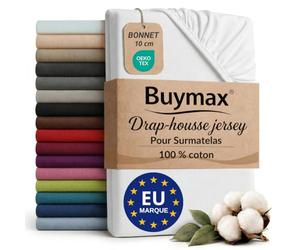 Buymax - Drap-Housse Surmatelas 200x200 cm - 100% Coton - Blanc | Jersey doux et respirant, certifié OEKO-TEX, bonnet jusqu’à 10 cm, idéal pour surmatelas et maintien sans plis.