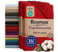Buymax - Lot de 2 draps-Housses 100x200 cm - 100% Coton - Rouge | Jersey doux et respirant, certifié OEKO-TEX, bonnet jusqu’à 25 cm et élastique intégral pour un maintien fiable.