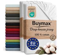 Buymax - Lot de 2 draps-Housses 140x200 cm - 100% Coton - Blanc | Jersey doux et respirant, certifié OEKO-TEX, bonnet jusqu’à 25 cm et élastique intégral pour un maintien fiable.