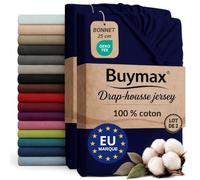 Buymax - Lot de 2 draps-Housses 160x200 cm - 100% Coton - Bleu Marine | Jersey doux et respirant, certifié OEKO-TEX, bonnet jusqu’à 25 cm et élastique intégral pour un maintien fiable.