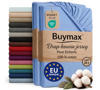 Buymax - Lot de 2 draps-Housses Enfant 70x140 cm - 100% Coton - Bleu Clair | Jersey doux et respirant, certifié OEKO-TEX, pour lit d’enfant, bonnet 15 cm et élastique intégral pour un maintien fiable.