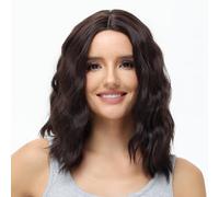 BUYOGET Perruque courte ondulée moyenne avec dentelle frontale réaliste et naturelle pour cuir chevelu synthétique réglable longueur d'épaule pour femme Marron naturel