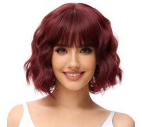 BUYOGET Perruque ondulée avec frange - Cheveux synthétiques courts et bouclés - Longueur d'épaule - 30,5 cm - Pour femme - Rouge vin naturel
