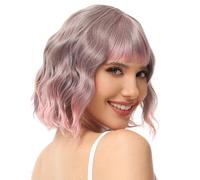 BUYOGET Perruque ondulée avec frange - Cheveux synthétiques - Longueur d'épaule - 30,5 cm - Courts et bouclés - Pour femme - Rose ombré naturel