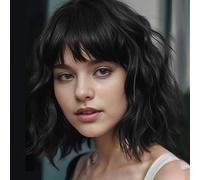 BUYOGET Perruque ondulée avec frange - Cheveux synthétiques - Longueur d'épaule - 30,5 cm - Courts et bouclés - Pour femme - Noir naturel