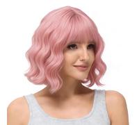 BUYOGET Perruque ondulée avec frange en cheveux synthétiques longueur épaule 30,5 cm courts bouclés pour femme Rose naturel