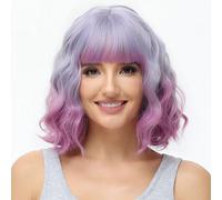 BUYOGET Perruque ondulée avec frange en cheveux synthétiques longueur épaule 30,5 cm courts bouclés pour femme Violet naturel