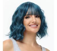 BUYOGET Perruque ondulée avec frange en cheveux synthétiques longueur épaule 30,5 cm courts bouclés pour femme Bleu naturel