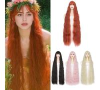 BUYOGET Perruque Raiponce pour femme orange de 100 cm de long, ondulée, bouclée, avec frange pour Halloween