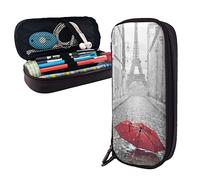 BUYQKANXX Trousse à crayons élégante en cuir - Organiseur de papeterie portable avec fermeture éclair - Trousse à crayons Tower Paris Street Red Umbrella Printing Pencil Case Daily Necessities Sac de