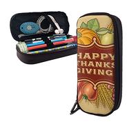 BUYQKANXX Trousse à crayons élégante en cuir - Organiseur de papeterie portable avec fermeture éclair - Trousse à crayons avec impression « Happy Thanksgiving » - Trousse de rangement pour les
