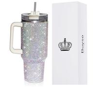 Buyso Gobelet de voyage avec poignée, strass avec couvercle et paille pour porte-gobelet de voiture isotherme à double paroi en acier inoxydable de 1180 ml (1,2 l, brillant)