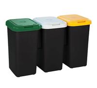Buystar Lot de 3 bacs pour recyclage 75 litres total 3 x 25 l structure unique en plastique 78,5 x 32 x 47,4 cm base noire 3 couvercles, jaune, blanc, vert + étiquettes adhésives pour différencier
