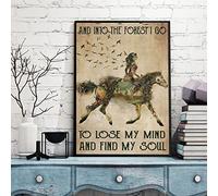 Buywell Poster en métal « And Into The Forest I Go To Lose My Mind And Find My Soul », affiche d'équitation, décoration de cadeau pour amoureux des chevaux, art mural, décoration de salon, 30,5 x 20,3