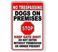 buywell Poster vintage en métal avec inscription « No Trespassing Dogs On Premises Stop Keep Gate Shut » - Décoration murale rétro - Peinture en fer pour la maison, la cuisine, le café, le pub - 14 x