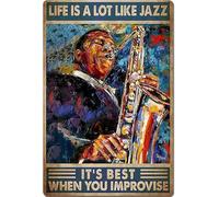 Buywell Signe en métal pour saxophone, Life Is A Lot Like Jazz It'S Best When You Improvise, plaque en métal décorative pour décoration murale 20,3 x 30,5 cm