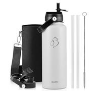 BUZIO Bouteille d'eau de 40 oz isolée, flasque en acier inoxydable à triple paroi sous vide (froid pendant 48 heures), gourde métallique étanche sans BPA à large goulot avec 2 couvercles, blanc