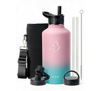 BUZIO Bouteille d'eau isotherme de 1,9 L avec paille et 3 couvercles et pochette de transport, gourde étanche demi-gallon en acier inoxydable, garde le froid pendant 48 heures, cantine thermos à