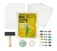 BuzzBright Kit complet de plaques d'impression gel avec plaque de gélatine de 20,3 x 25,4 cm, brayer, papier de gravure, peinture acrylique et outils essentiels pour art mixte, monopintage,