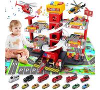 BuzzoXerex 5 Etages Garage pour Enfants, Piste de Course avec 14 Voitures et 2 Hélicoptère, Jouet Garage Voiture avec Ascenseur Electrique Circuit, Cadeaux pour Enfants 5 6 7 8 9 Ans (Rouge)