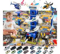 BuzzoXerex 5 Etages Garage pour Enfants, Piste de Course avec 14 Voitures et 2 Hélicoptère, Jouet Garage Voiture avec Ascenseur Electrique Circuit, Cadeaux pour Enfants 5 6 7 8 9 Ans (Police)