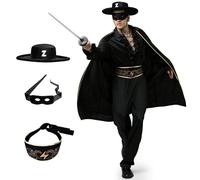 BuzzoXerex Déguisement Bandit Adulte, Deguisement Cambrioleur Adulte, Costume Bandit Masqué avec Chapeau en Feutre Noir, Masque, Cape, Chemise à Volants, Pantalon, Ceinture pour Carnaval (M)