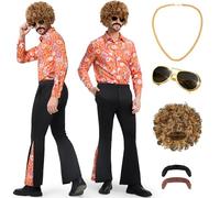 BuzzoXerex Déguisement Disco Homme, Deguisement Année 70 Homme, Deguisement hippie avec Perruque, Chemise, Pantalon à Pattes d'éléphant et Accessoires Disco Costume de Carnaval (Jaune, L)