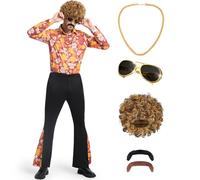 BuzzoXerex Déguisement Disco Homme, Deguisement Année 70 Homme, Deguisement hippie avec Perruque, Chemise, Pantalon à Pattes d'éléphant et Accessoires Disco Costume de Carnaval (Noir, M)