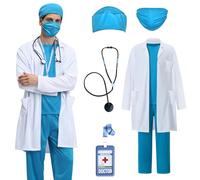 BuzzoXerex Déguisement Médecin Homme, 9 Pièces Ensemble Costume Docteur Hommes Déguisement Chirurgien Adulte avec Blouse de Médecin, Chapeau de Docteur et Stéthoscope pour Carnaval Halloween (XL)