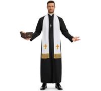 BuzzoXerex Deguisement Pretre Homme Adulte, Deguisement Halloween Homme, Costume Pretre avec Étole, Chaîne avec Croix, Ceinture et Boîte de Rangement pour Bible pour Halloween Carnaval