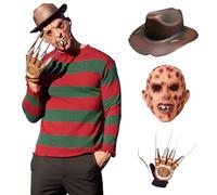 BuzzoXerex Freddy Deguisement Halloween Homme, 4 Pièces Krueger Costume Halloween Adulte Kit avec Pull à Rayures, Chapeau, Gant pour Halloween Carnaval Cosplay (S)