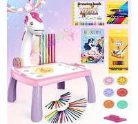 BuzzoXerex Projecteur Dessin Enfants, 48 Pièces Tableau Dessin Projection Enfants Set avec 48 Motifs, Carnet de Croquis, Carnet d'autocollants, Crayons de Couleur pour Enfants 3-10 Ans (Rose)