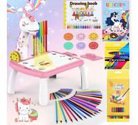 BuzzoXerex Projecteur Dessin Enfants, 48 Pièces Tableau Dessin Projection Enfants Set avec 48 Motifs, Carnet de Croquis, Carnet d'autocollants, Crayons de Couleur pour Enfant 3-10 Ans (Rose)