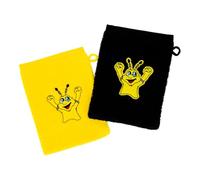 BVB Lot de 2 Gants de Toilette pour Enfant avec Mascotte Emma Noir/Jaune 100% Coton