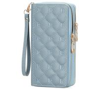 BVEOGMRO Portefeuille pour femme avec blocage RFID de grande capacité en cuir avec double fermeture éclair autour du porte-cartes de crédit avec dragonne, bleu ciel
