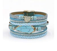 BVFRA Bracelet en Cuir pour Femme,Vintage Boho Tressé Réglable Punk en Cuir Véritable Breloque Feuilles Multicouche en Cuir Bleu Clair Bracelets Cadeau De Noël pour Hommes Femmes Garçons