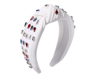 BVGA Bandeaux noués en cristal pour femme, jour de l'indépendance en strass, 4 juillet, drapeau américain en cristal, tendance, style vacances, rouge, blanc, bleu, bandeau à nœud sur le dessus