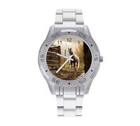 BVKWNTSA Élégante Montre Professionnelle à Quartz analogique avec Bracelet en Acier imprimé clôture et Cheval pour Homme - Élégante Montre à Quartz analogique, légère et Confortable