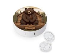 BVKWNTSA Étui à lentilles de contact rond et rustique imprimé avec motif ours lodge - Élégant et compact, facile à transporter et protège les lentilles.