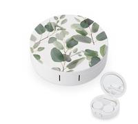 BVKWNTSA Étui rond portable pour lentilles de contact avec feuilles d'eucalyptus - Élégant et compact, facile à transporter et protège les lentilles.