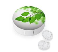 BVKWNTSA Étui rond portable pour lentilles de contact avec feuilles vertes et blanches - Élégant et compact, facile à transporter et protège les lentilles.