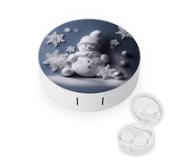 BVKWNTSA Étui rond portable pour lentilles de contact avec motif bonhomme de neige, étoiles et flocons de neige, élégant et compact, facile à transporter et protège les lentilles.