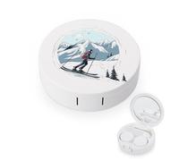 BVKWNTSA Étui rond portable pour lentilles de contact imprimé sur le thème du ski élégant et compact, facile à transporter et protège les lentilles.