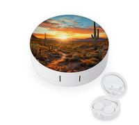 BVKWNTSA Étui rond portable pour lentilles de contact Saguaros au coucher du soleil imprimé élégant et compact, facile à transporter et protège les lentilles.