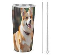 BVKWNTSA Gobelet de voyage isotherme en acier inoxydable avec couvercle et paille, motif chien Corgi, réutilisable