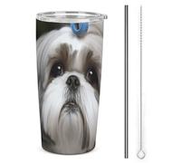BVKWNTSA Gobelet de voyage isotherme en acier inoxydable avec couvercle et paille, motif chien Shih Tzu, réutilisable